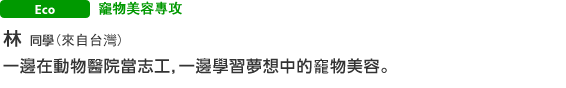 Eco 竉物美容專攻 林さん（來自台灣） 一邊在動物醫院當志工，一邊學習夢想中的竉物美容。